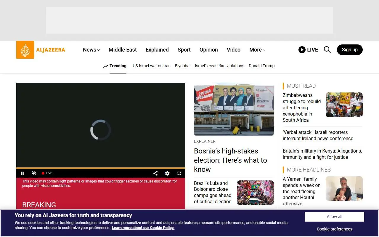 Tampilan website resmi Al Jazeera (aljazeera.com)