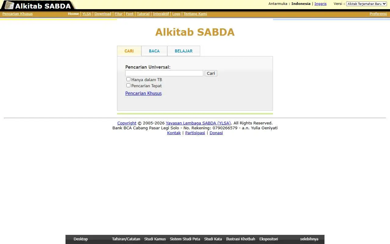 Tampilan website resmi Alkitab SABDA (alkitab.sabda.org)