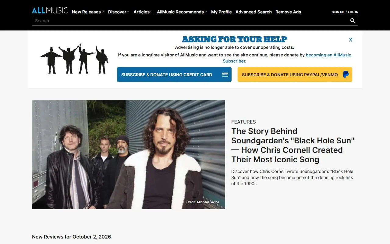 Tampilan website resmi AllMusic (allmusic.com)
