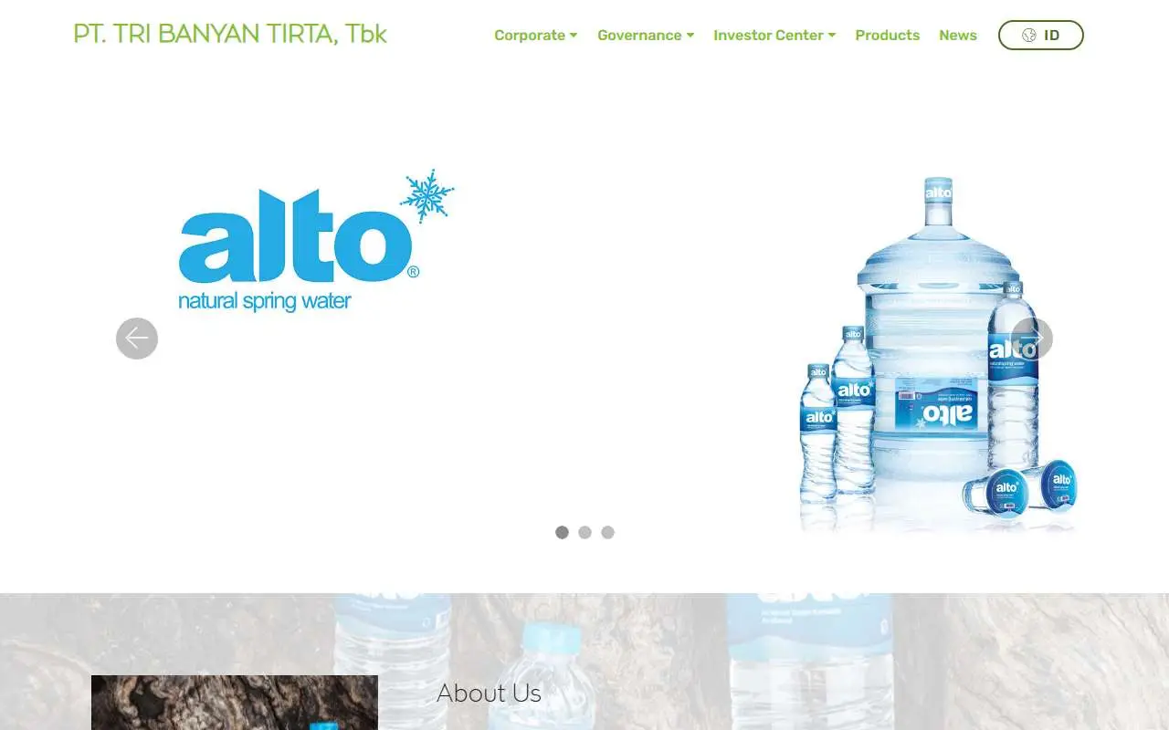 Tampilan website resmi Tri Banyan Tirta (altospringswater.com)