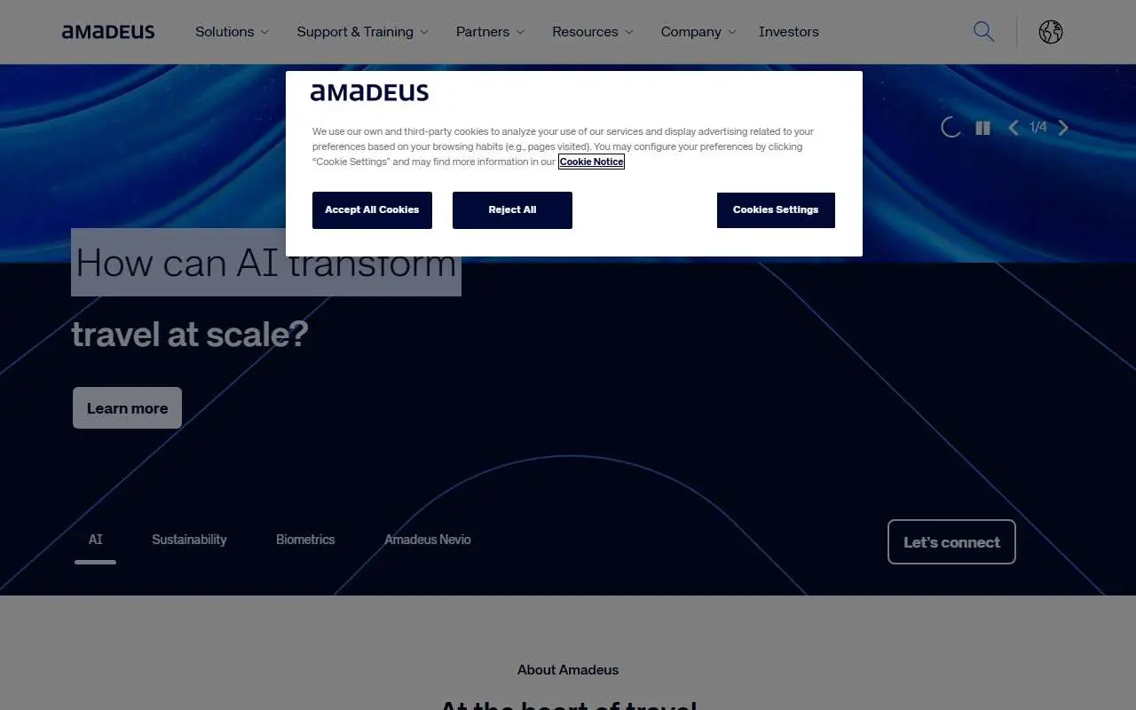 Tampilan website resmi Amadeus IT Group (amadeus.com)