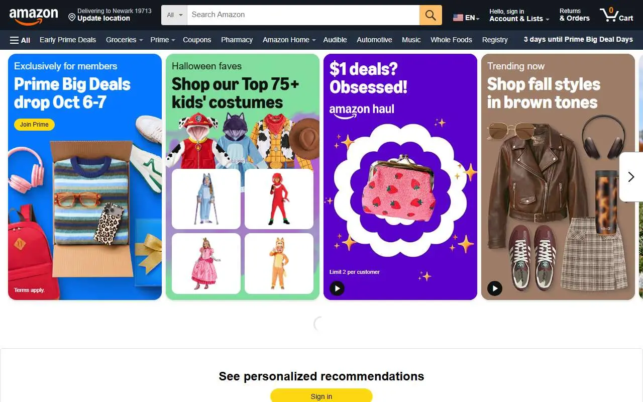 Tampilan website resmi Amazon (amazon.com)