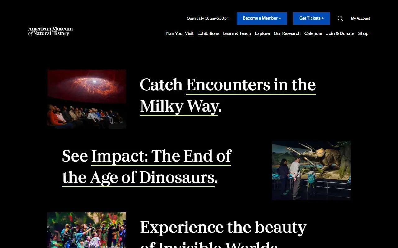 Tampilan website resmi Museum Sejarah Alam Amerika (amnh.org)