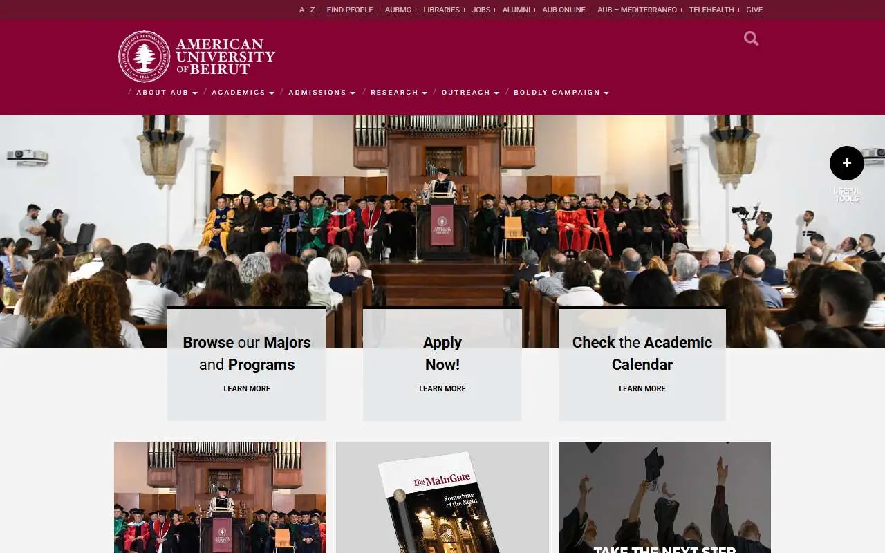 Tampilan website resmi Universitas Amerika di Beirut (aub.edu.lb)