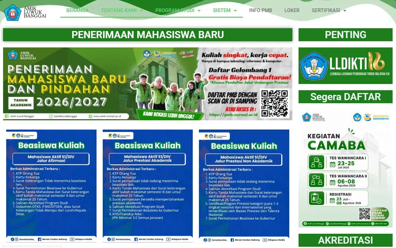 Tampilan website resmi AMIK Luwuk Banggai (amik-nurmal.ac.id)