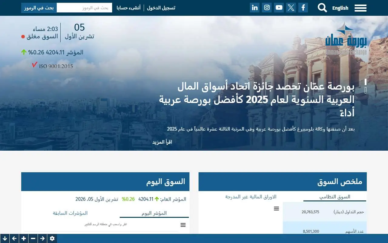 Tampilan website resmi Amman Stock Exchange (exchange.jo)