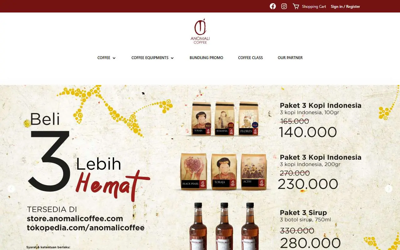 Tampilan website resmi Anomali Coffee (anomalicoffee.com)