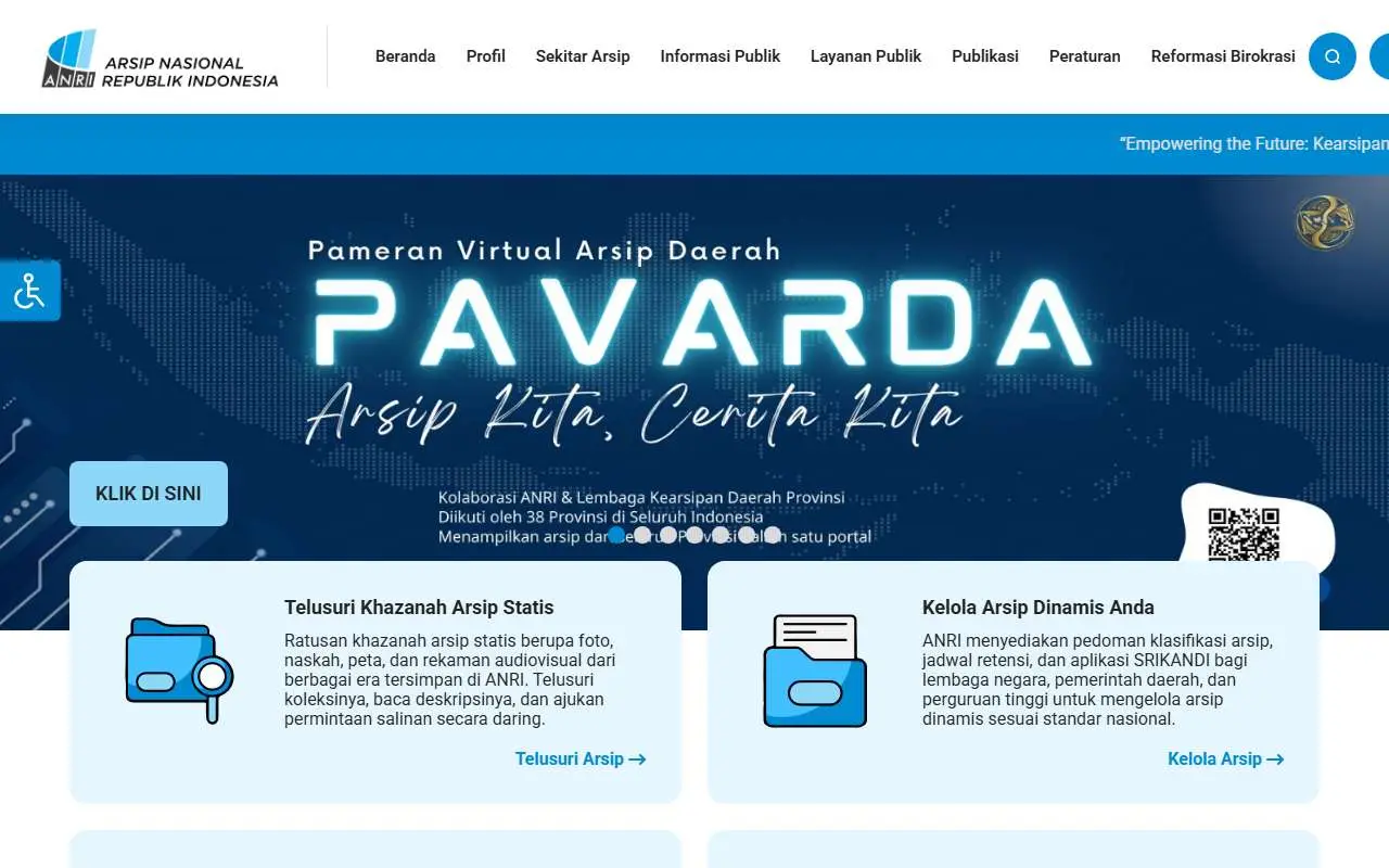 Tampilan website resmi Arsip Nasional Republik Indonesia (anri.go.id)