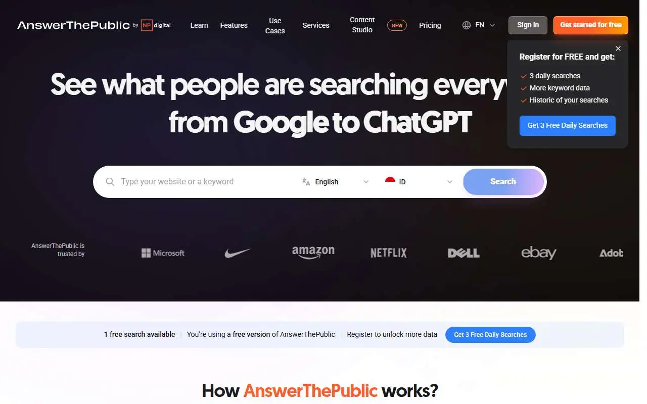 Tampilan website resmi AnswerThePublic (answerthepublic.com)