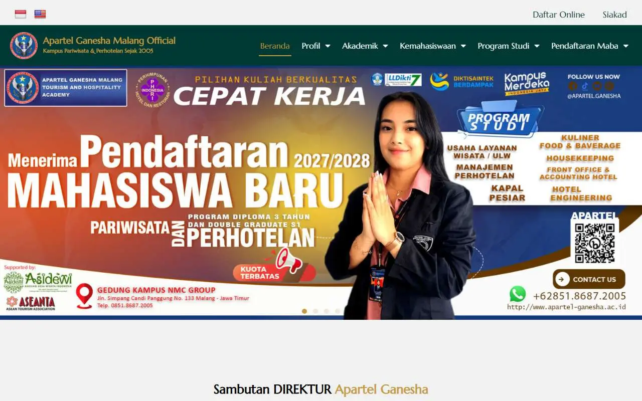 Tampilan website resmi Akademi Pariwisata Dan Perhotelan Ganesha (apartel-ganesha.ac.id)