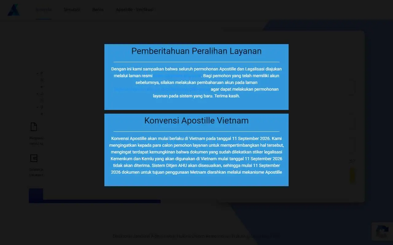 Tampilan website resmi Apostille Indonesia (apostille.ahu.go.id)