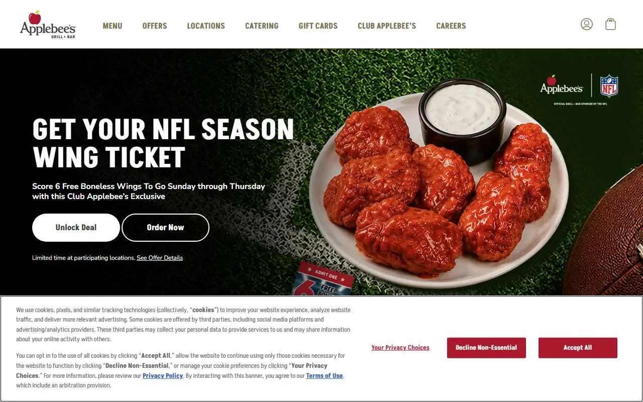 Tampilan website resmi Applebee's (applebees.com)