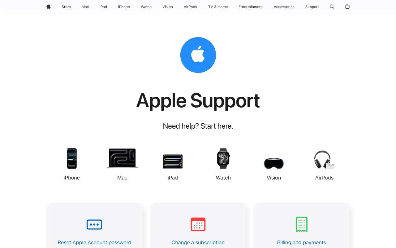 Tampilan website resmi Apple Support (support.apple.com)