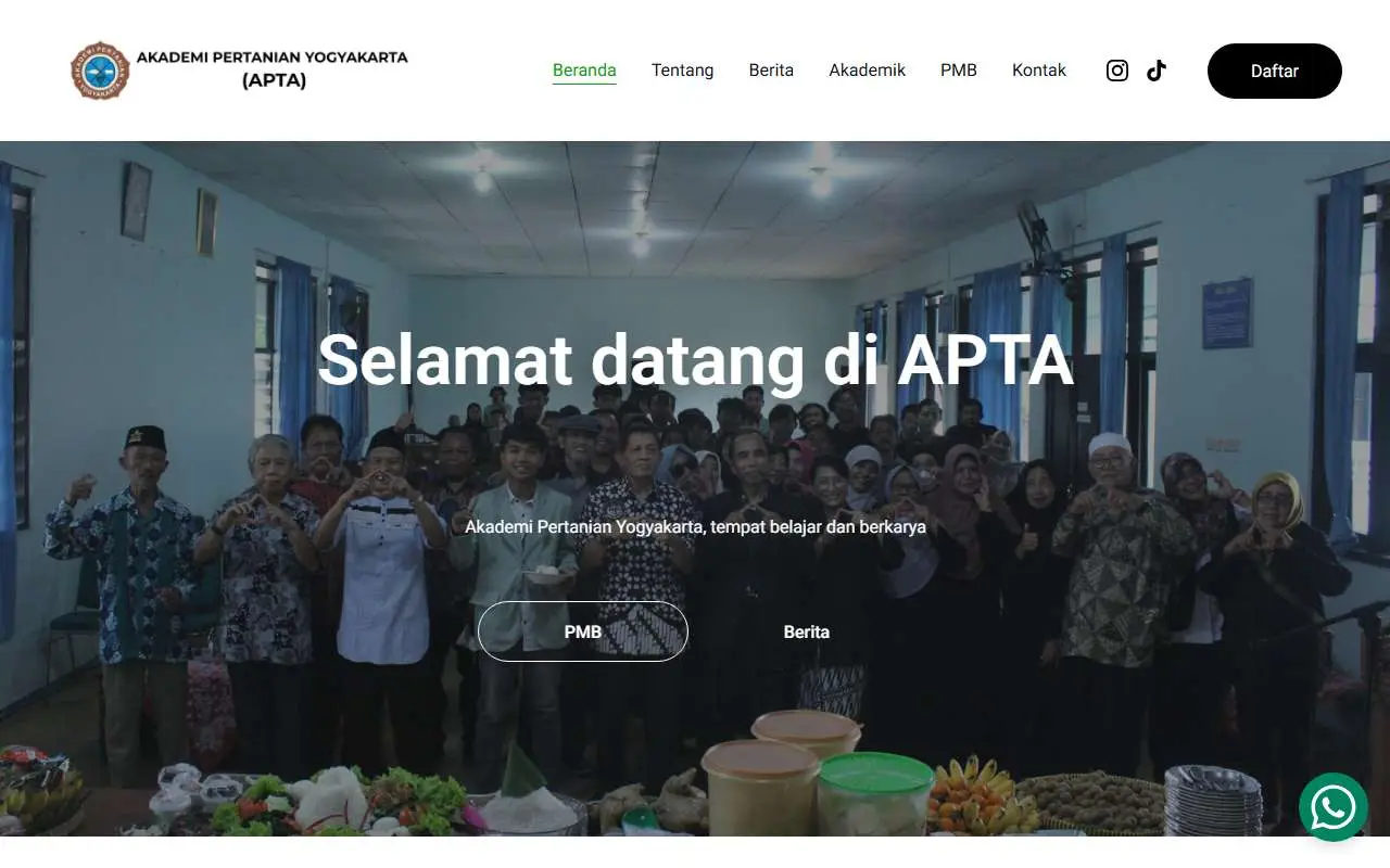 Tampilan website resmi Akademi Pertanian Yogyakarta (aptajogja.ac.id)