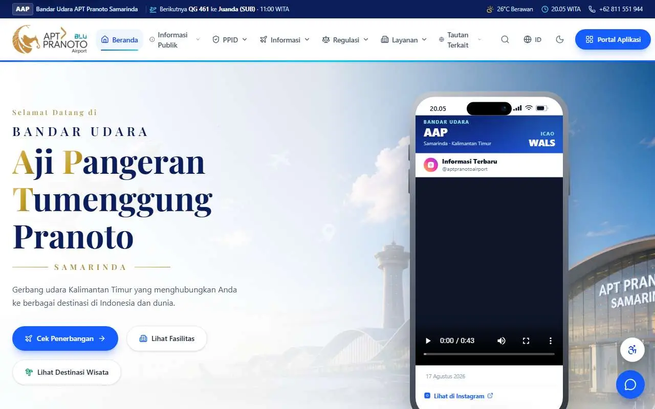 Tampilan website resmi Bandara APT Pranoto Samarinda (aptpairport.id)