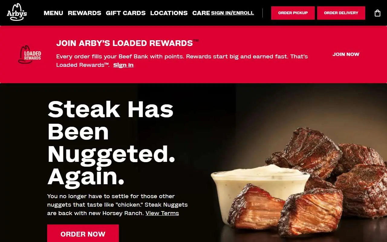 Tampilan website resmi Arby's (arbys.com)
