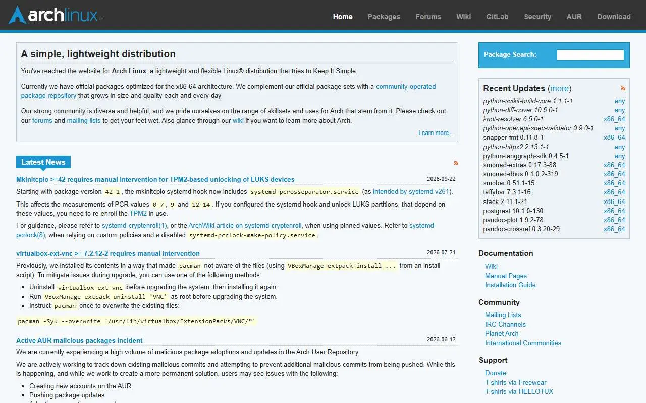 Tampilan website resmi Arch Linux (archlinux.org)