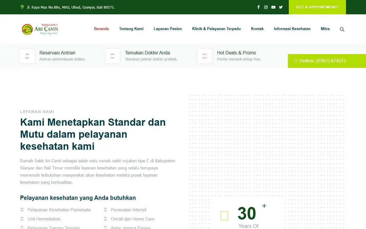 Tampilan website resmi Rumah Sakit Ari Canti (aricantihospital.com)