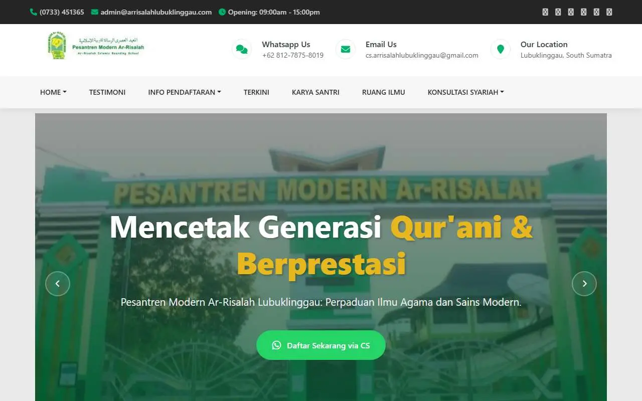 Tampilan website resmi SMA Ar-Risalah Lubuklinggau (arrisalahlubuklinggau.com)