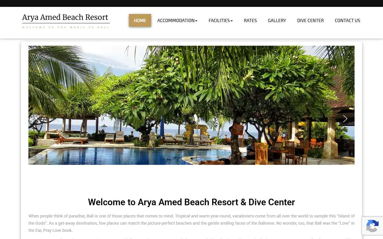 Tampilan website resmi Arya Amed Beach Resort (aryaamed.com)