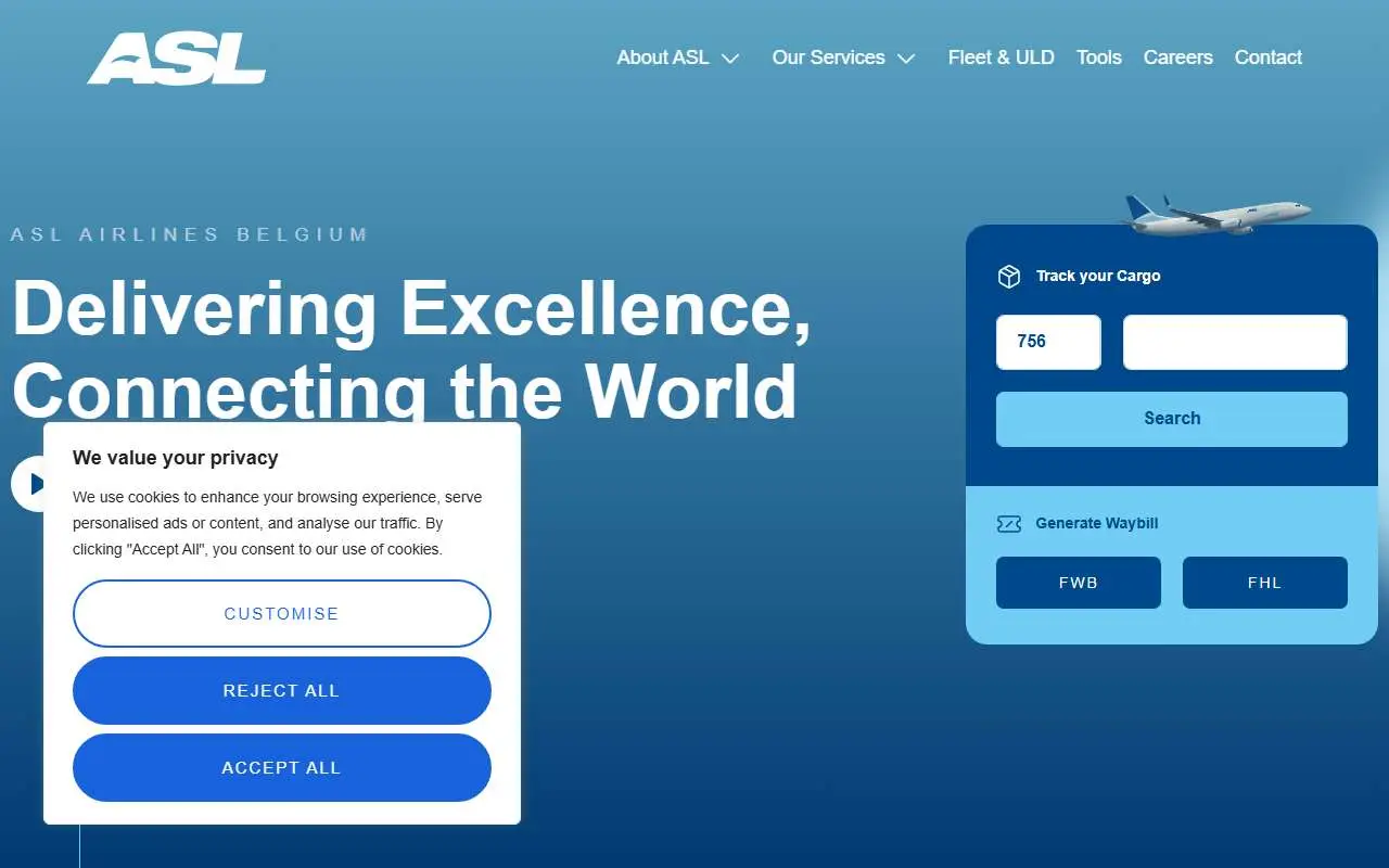 Tampilan website resmi ASL Airlines Belgium (aslairlines.be)