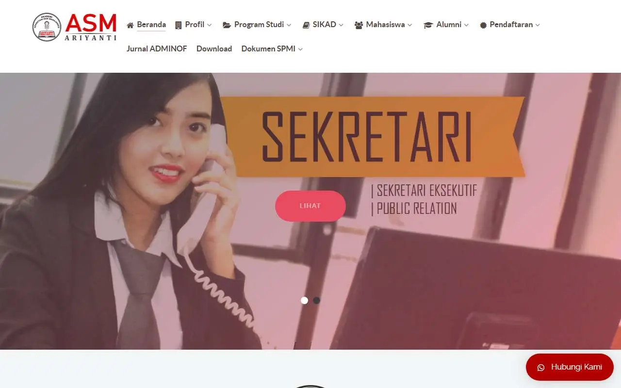 Tampilan website resmi Akademi Sekretari Dan Manajemen Ariyanti (asm.ariyanti.ac.id)
