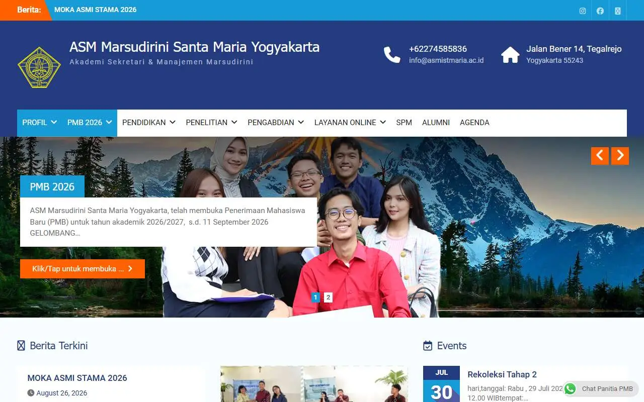 Tampilan website resmi ASM Marsudirini Santa Maria (asmistmaria.ac.id)