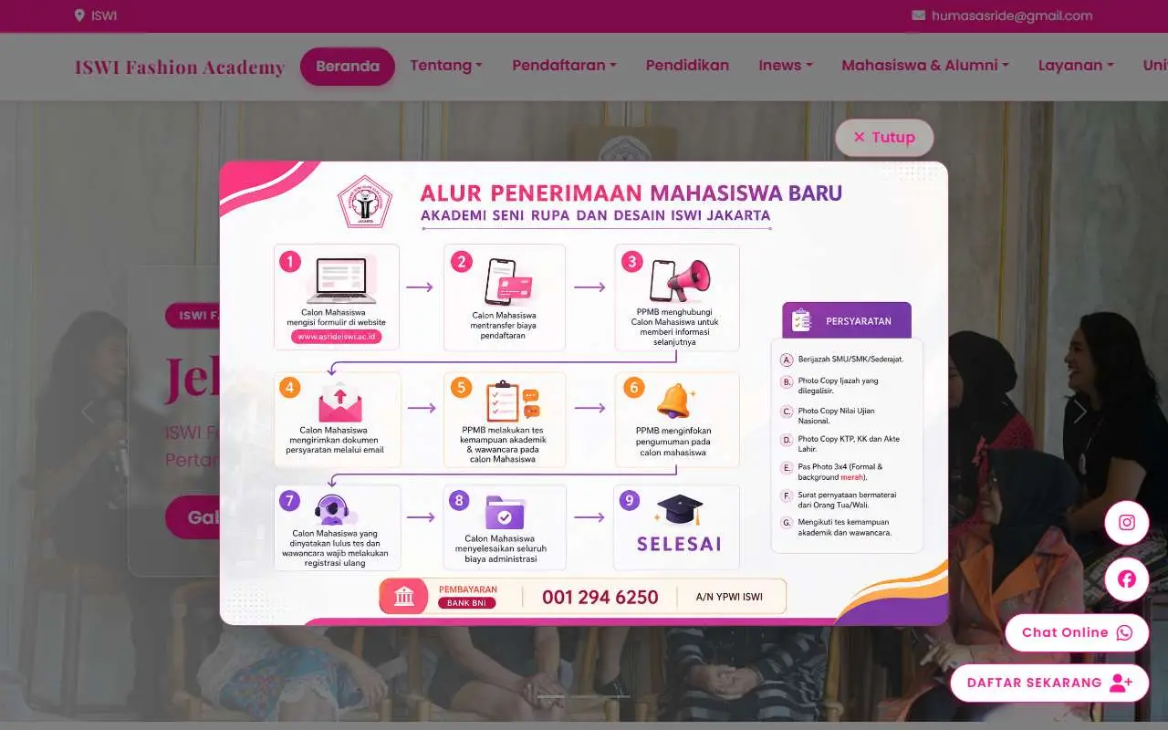 Tampilan website resmi Akademi Seni Rupa Dan Desain ISWI Jakarta (asrideiswi.ac.id)