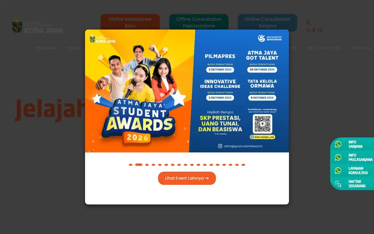 Tampilan website resmi Universitas Katolik Indonesia Atma Jaya (atmajaya.ac.id)