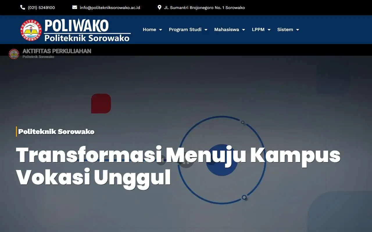 Tampilan website resmi Politeknik Sorowako (ATS) (politekniksorowako.ac.id)