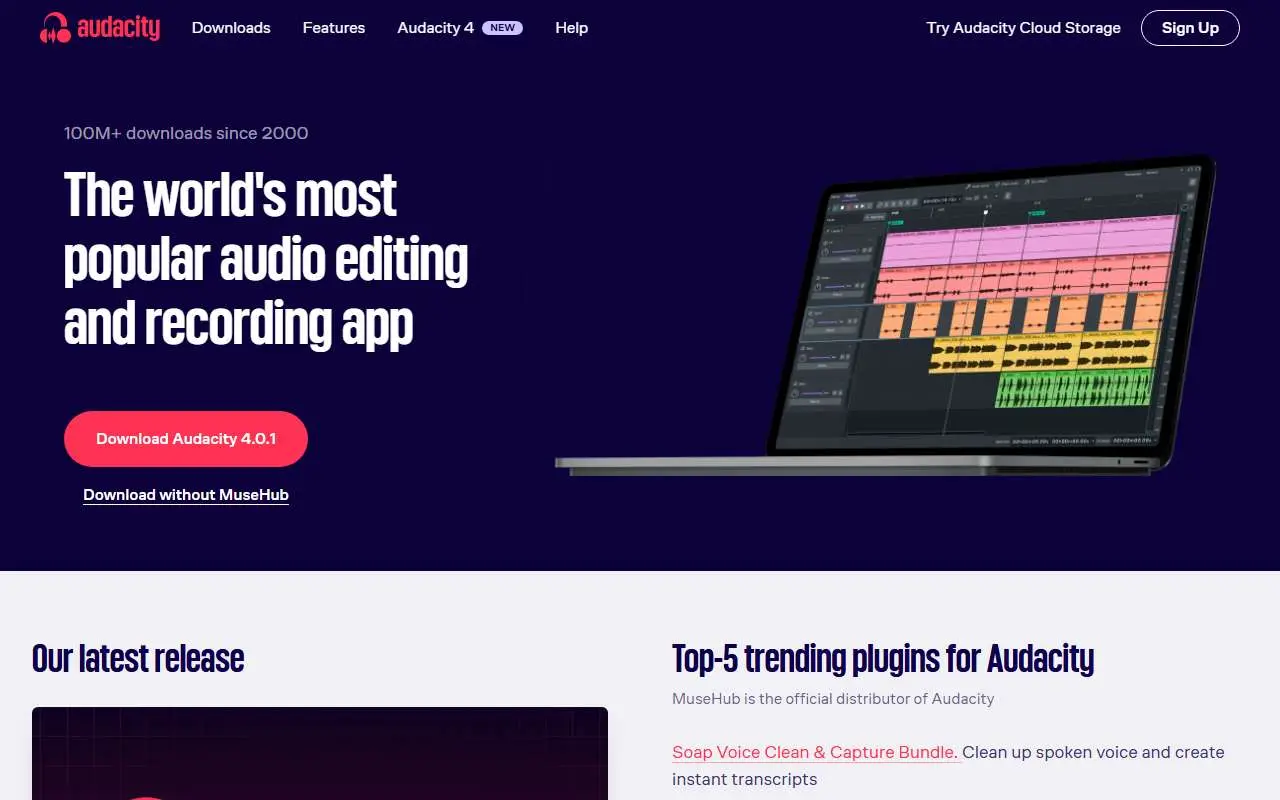 Tampilan website resmi Audacity (audacityteam.org)