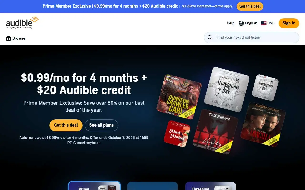 Tampilan website resmi Audible (audible.com)