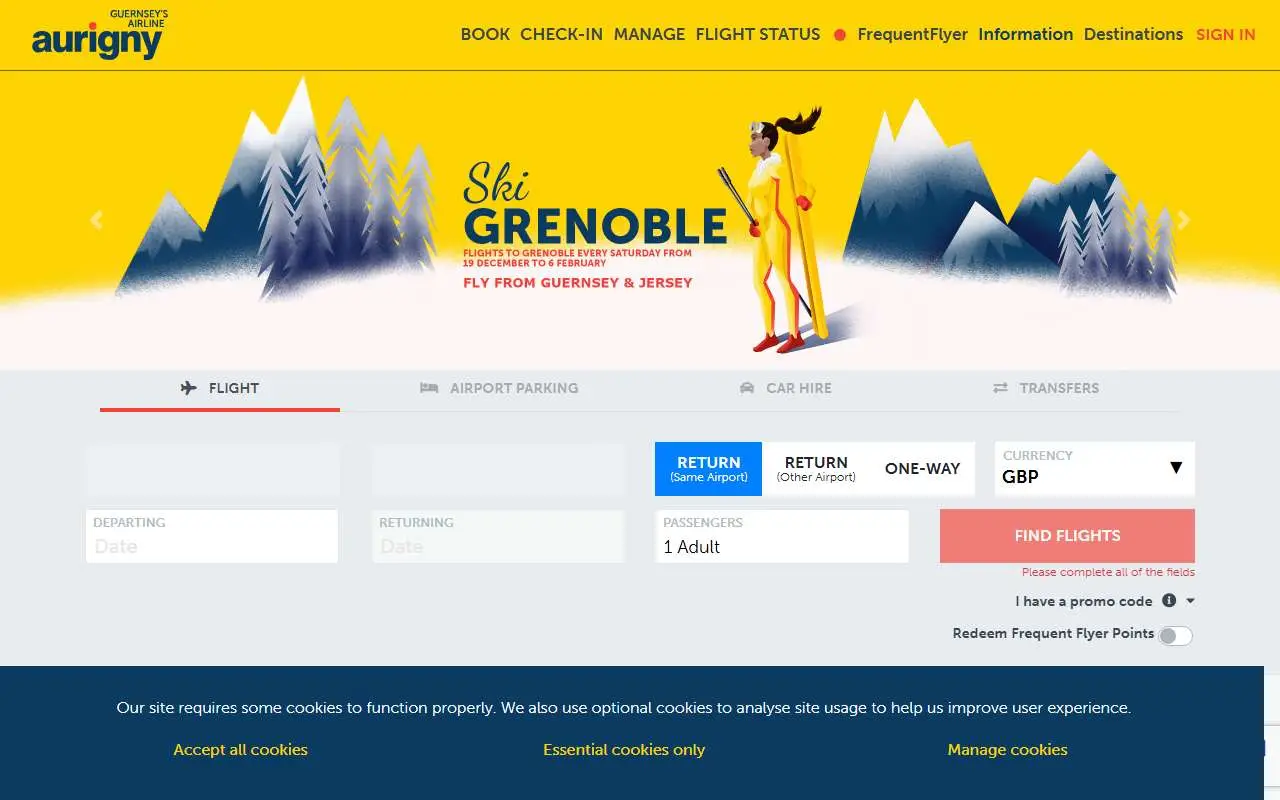 Tampilan website resmi Aurigny Air Services (aurigny.com)