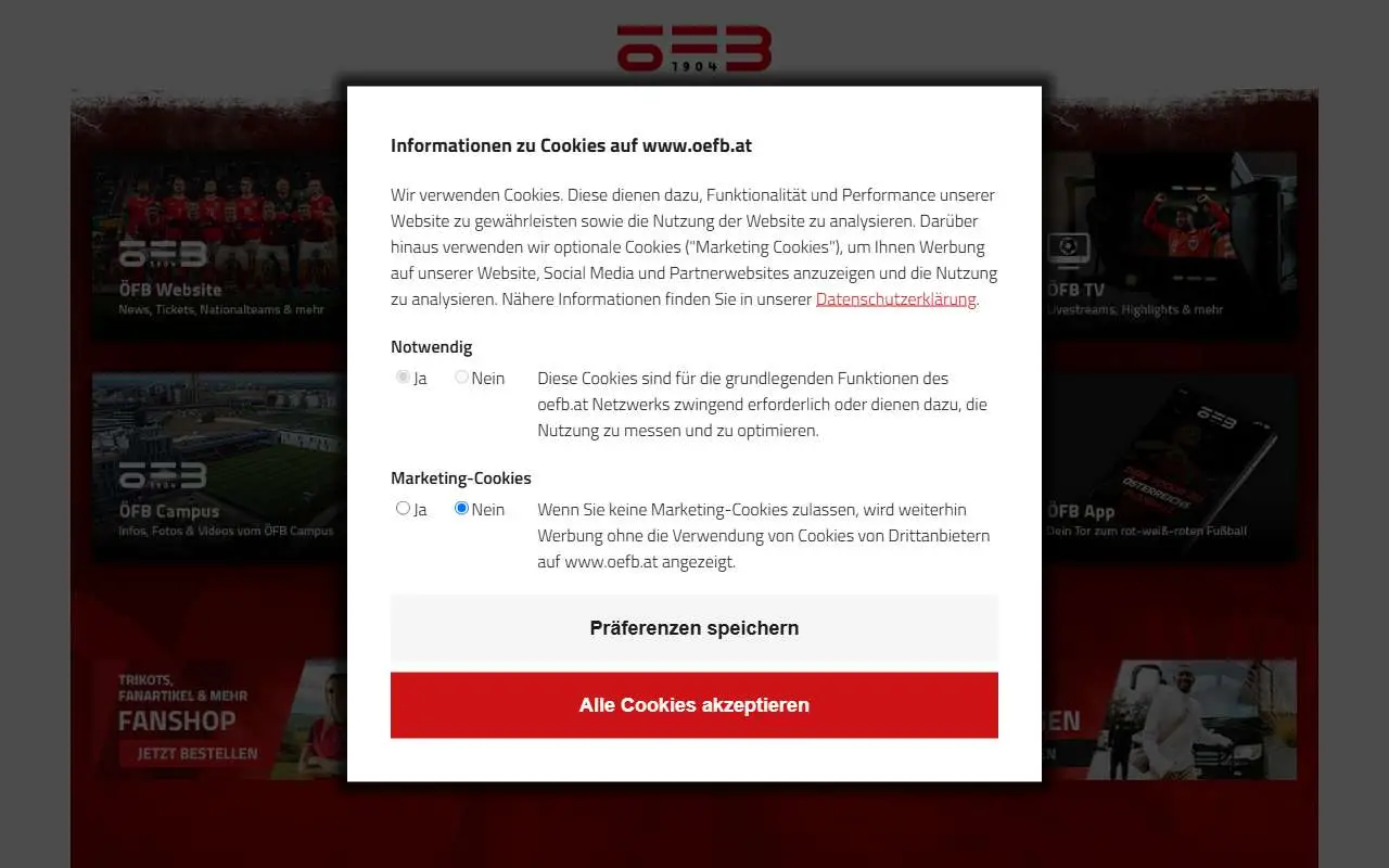 Tampilan website resmi Tim nasional sepak bola Austria (oefb.at)