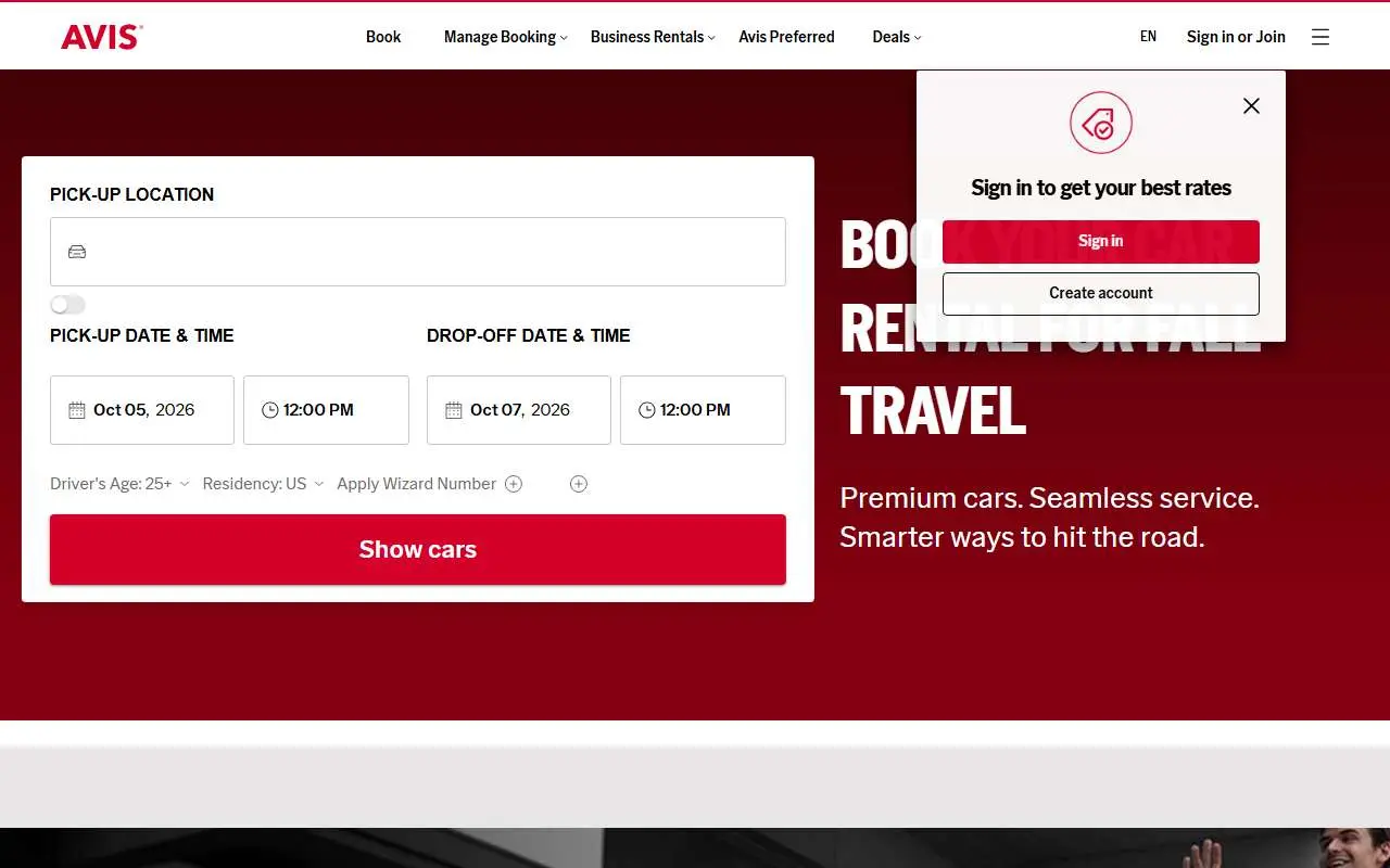 Tampilan website resmi Avis (avis.com)