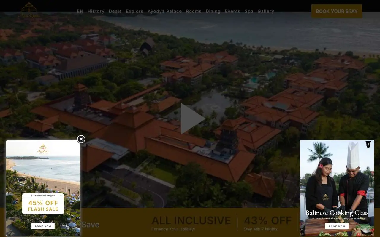 Tampilan website resmi Ayodya Resort Bali (ayodyaresortbali.com)