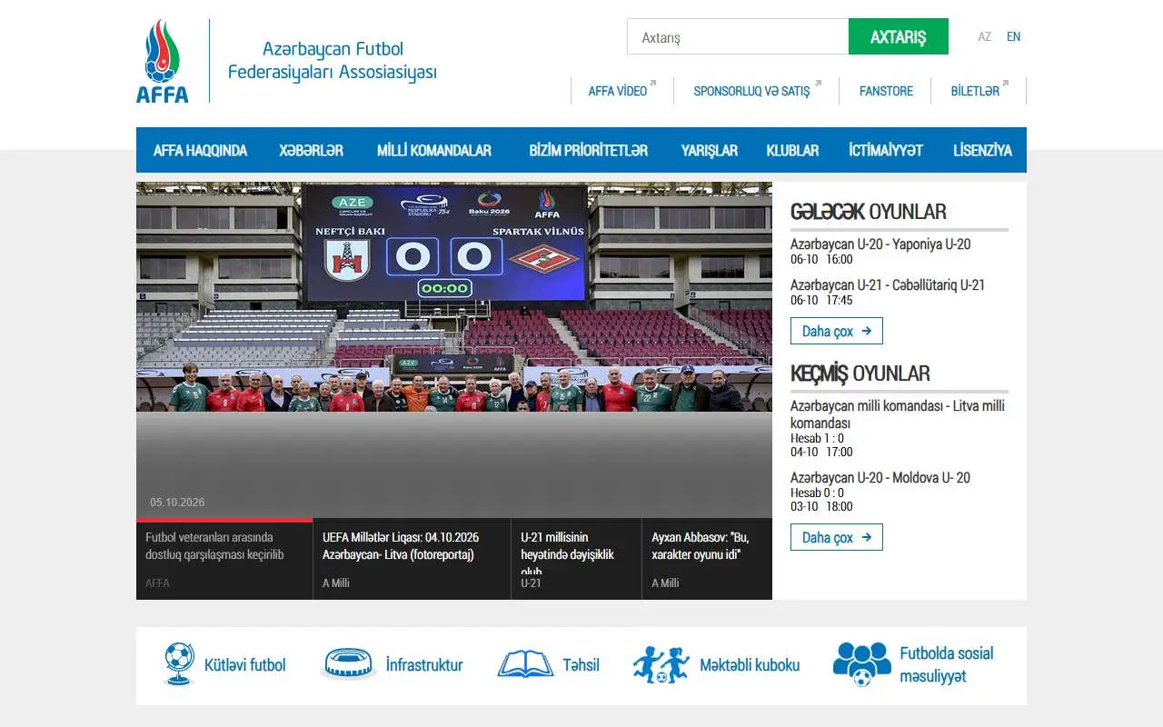 Tampilan website resmi Tim nasional sepak bola Azerbaijan (affa.az)