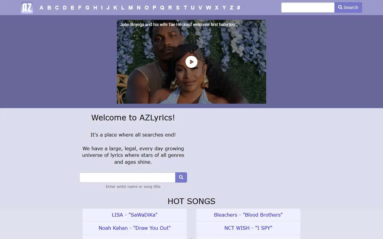 Tampilan website resmi AZLyrics (azlyrics.com)