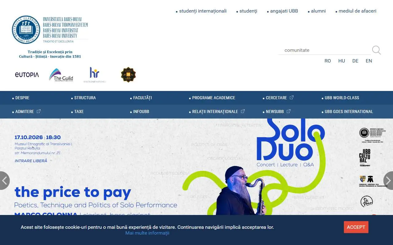 Tampilan website resmi Universitas Babeș-Bolyai (ubbcluj.ro)