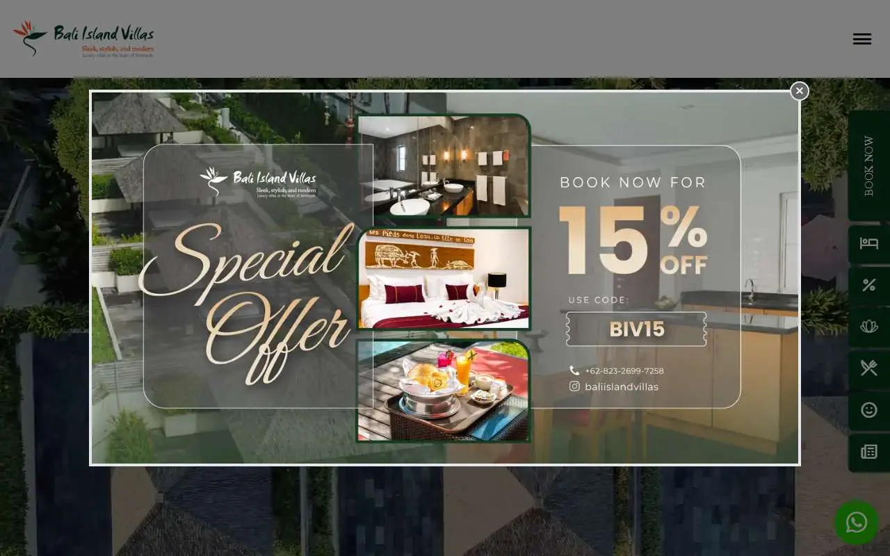 Tampilan website resmi Bali Island Villa and Spa (baliislandvillas.com)