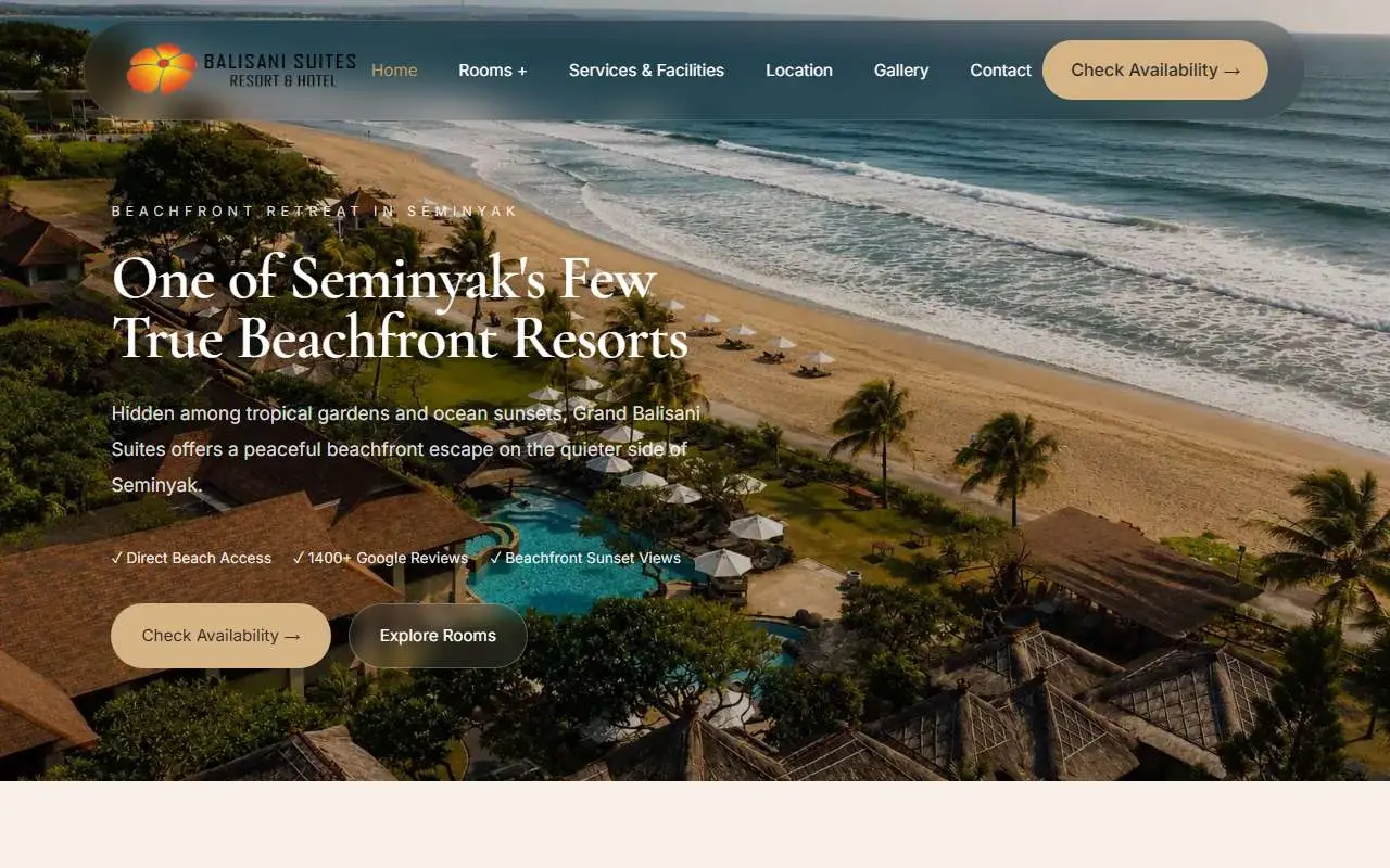 Tampilan website resmi Grand Balisani Suites (balisanisuites.com)