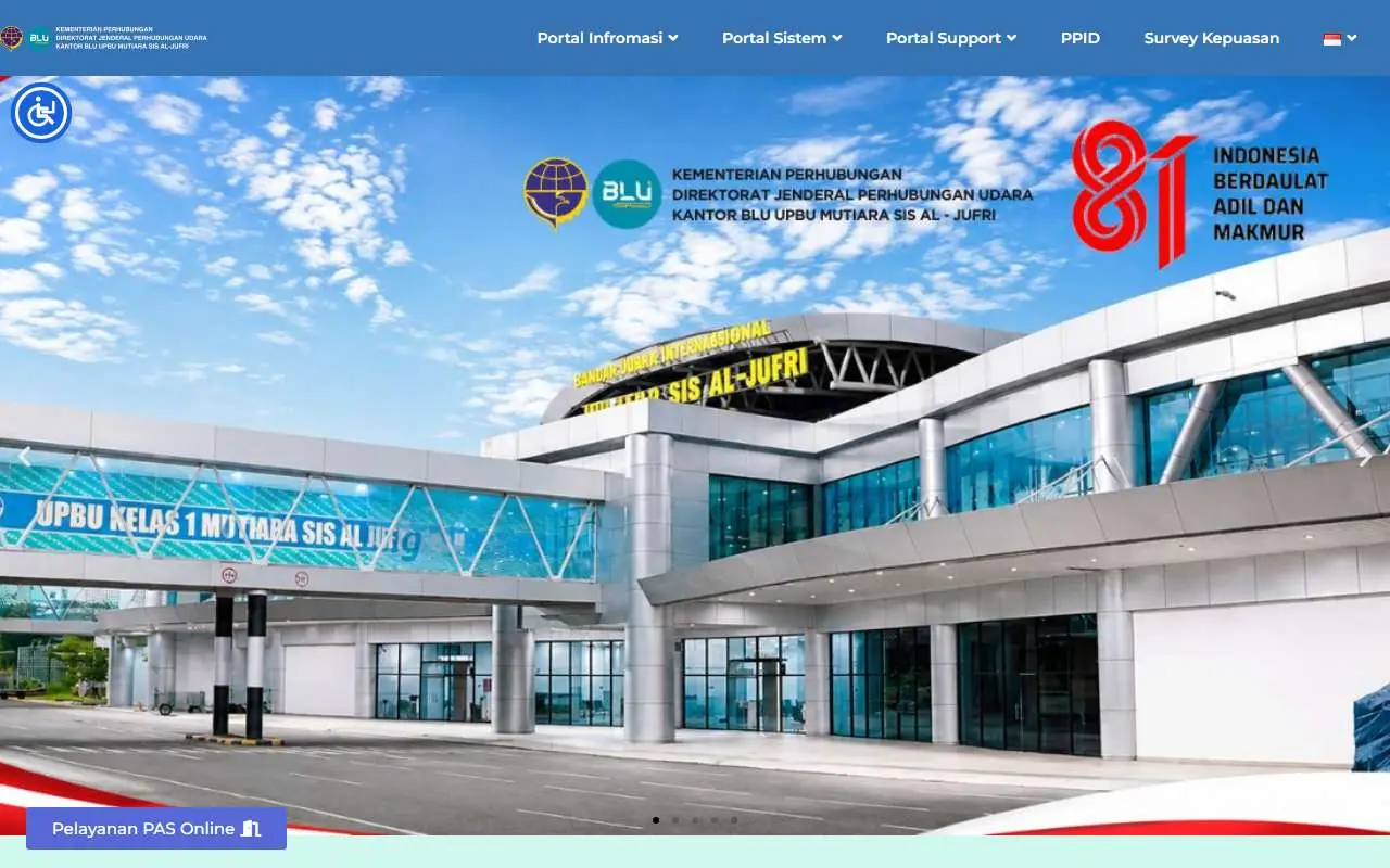 Tampilan website resmi Bandara Mutiara SIS Al-Jufri Palu (bandaramutiarasaj.com)