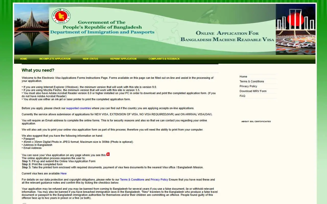 Tampilan website resmi Bangladesh Visa (visa.gov.bd)