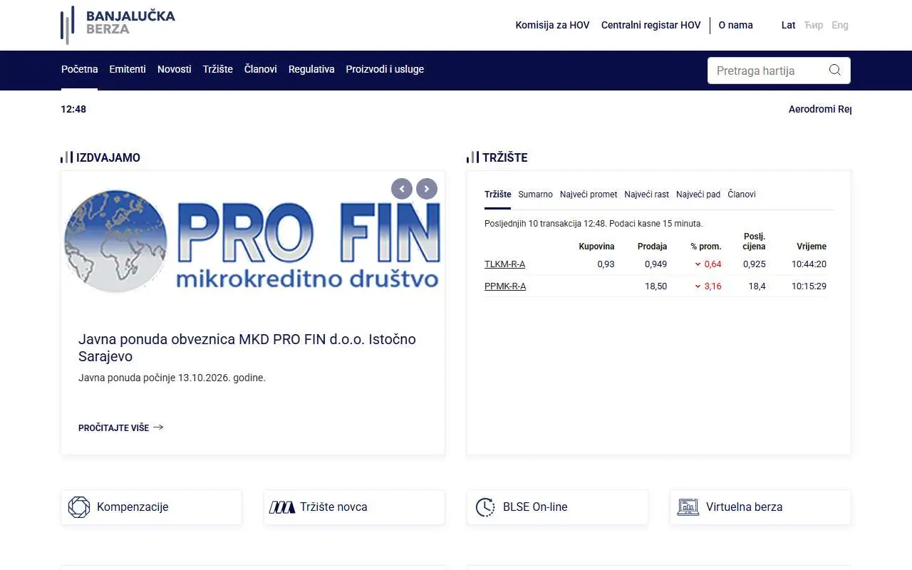 Tampilan website resmi Banja Luka Stock Exchange (blberza.com)