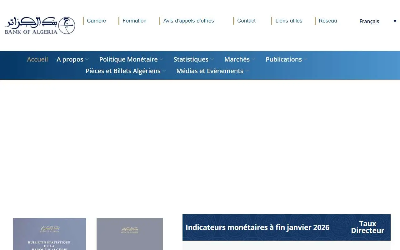 Tampilan website resmi Bank Nasional Aljazair (bank-of-algeria.dz)