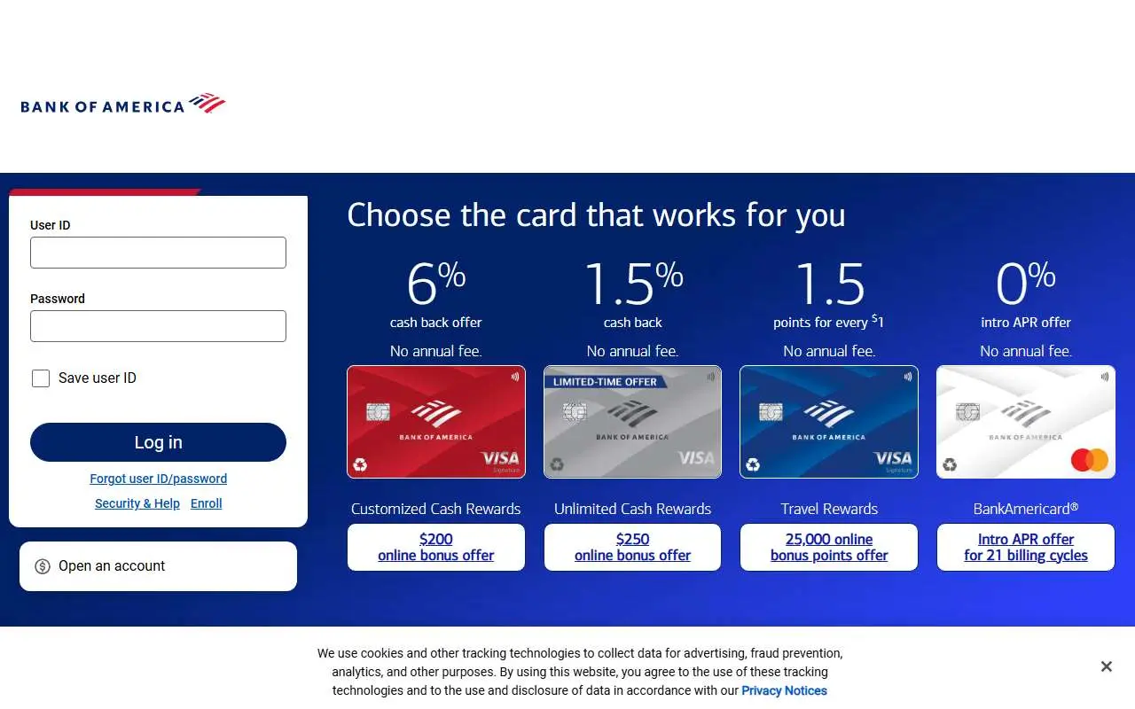 Tampilan website resmi Bank of America (bankofamerica.com)