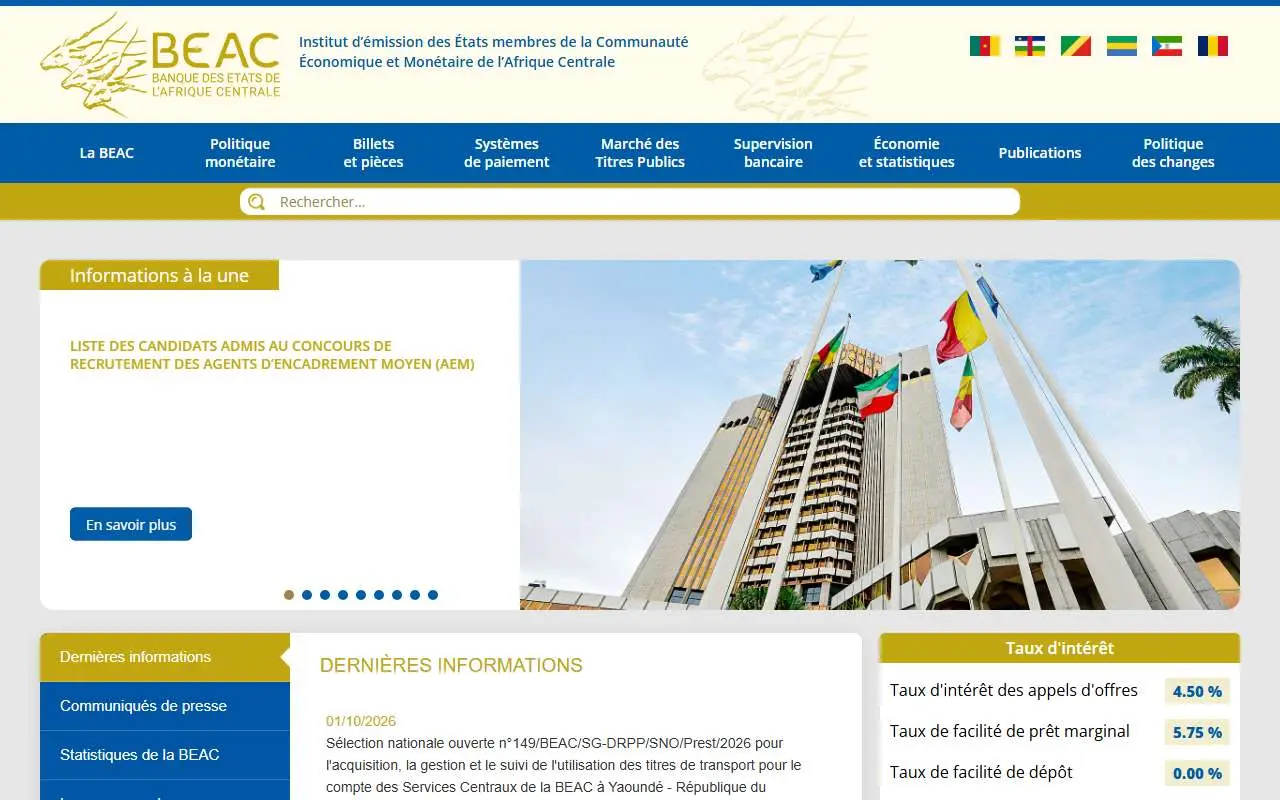 Tampilan website resmi Bank Sentral Negara-Negara Afrika Tengah (beac.int)