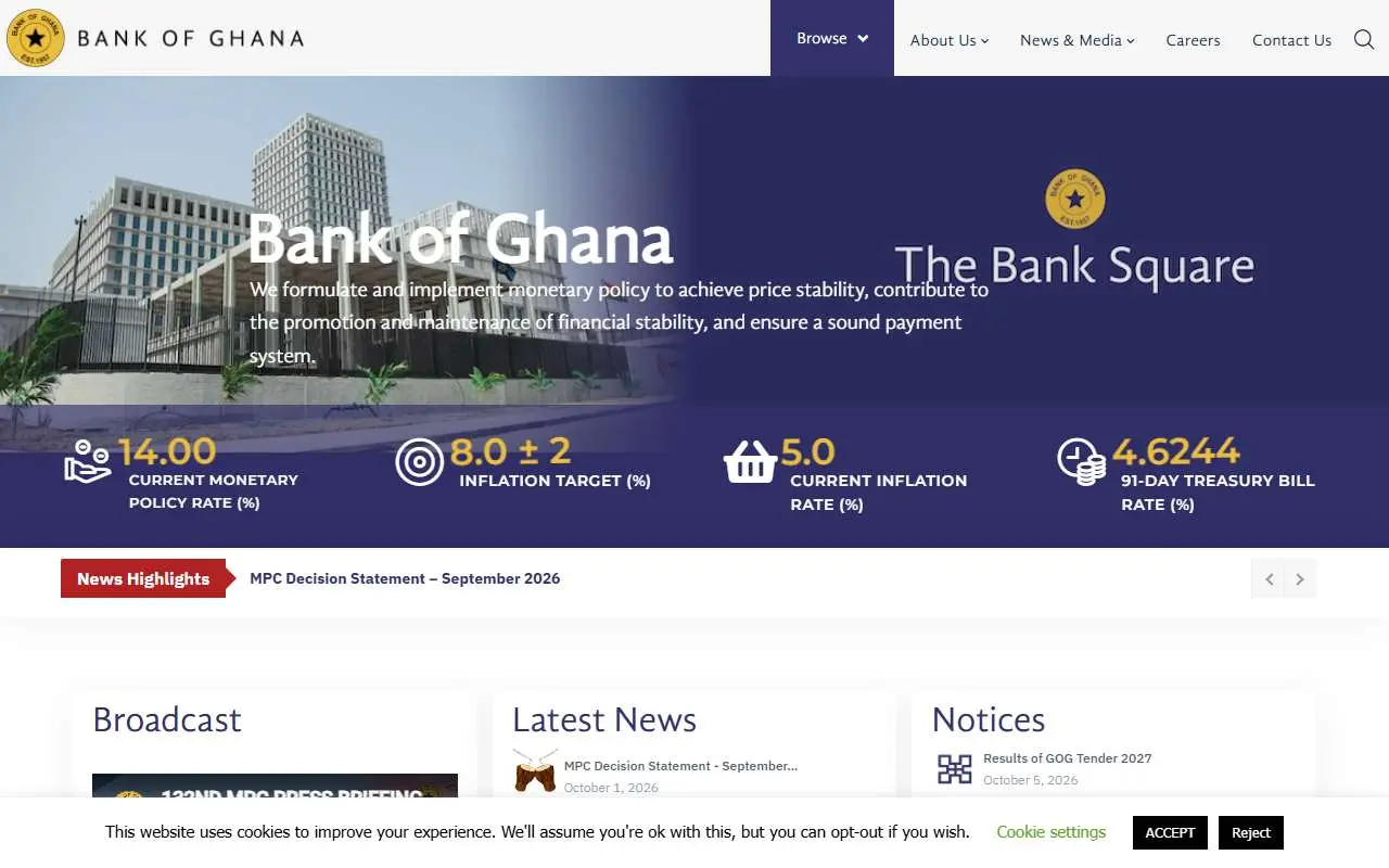 Tampilan website resmi Bank of Ghana (bog.gov.gh)