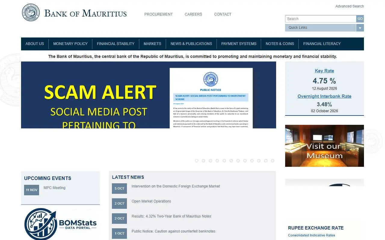 Tampilan website resmi Bank of Mauritius (bom.mu)