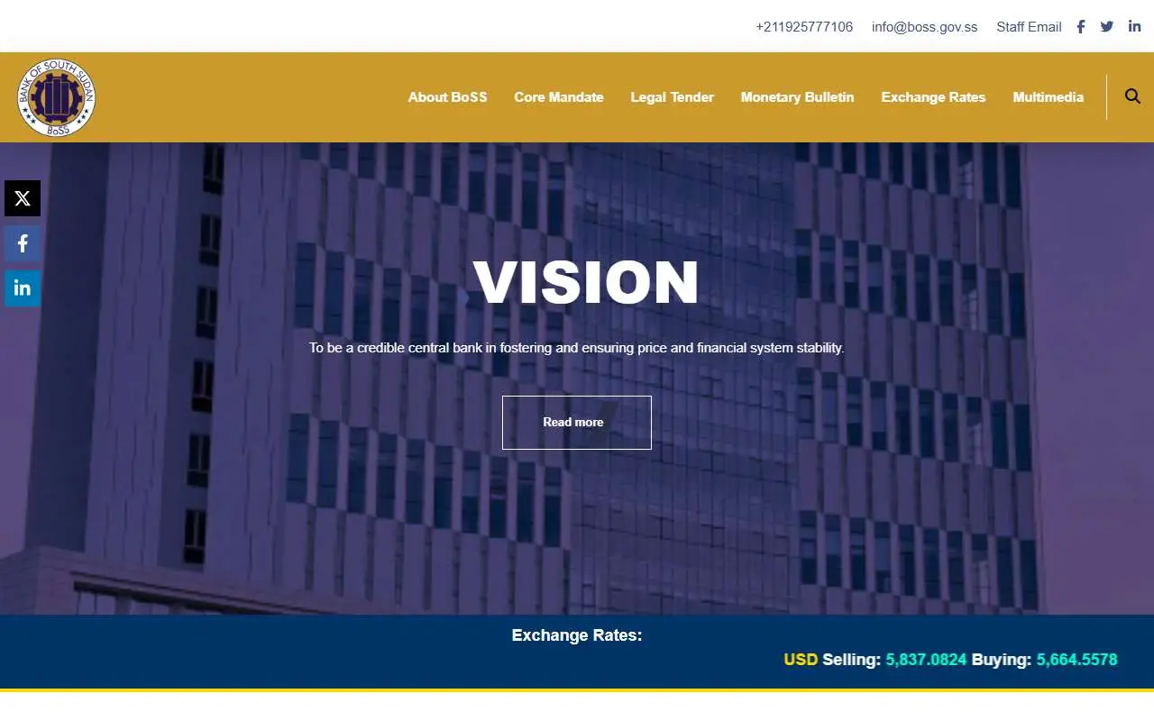 Tampilan website resmi Bank of South Sudan (boss.gov.ss)